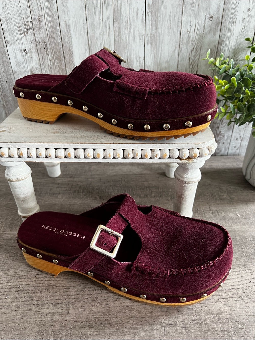 Kelsi Dagger Maroon Suede Mary Jane  Clog Mule Hobnail Studded Wood Sole 6.5